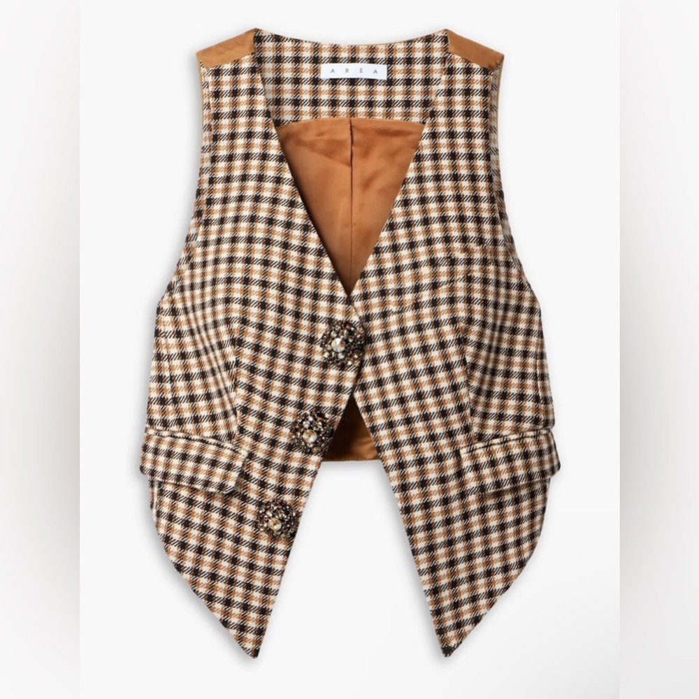AREA Crystal embellished Checked Wool Cotton-blend Vest